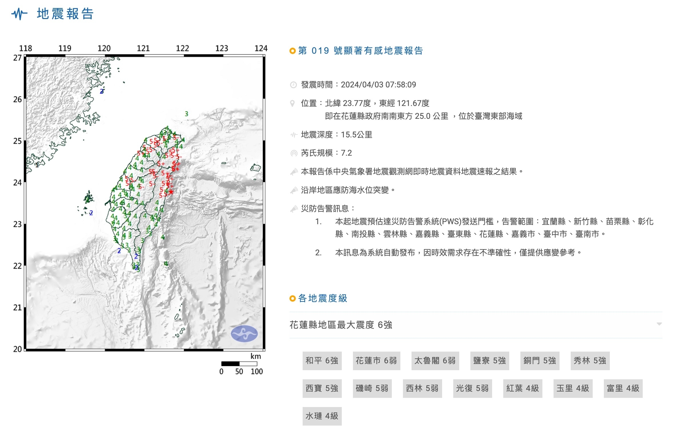 台湾中央気象署が発表した台湾各地の震度