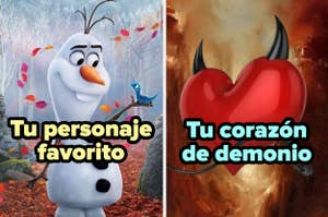 Olaf de Frozen junto a un pájaro y un corazón con cuernos y cola de diablo con texto "Tu personaje favorito" y "Tu corazón de demonio"