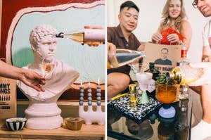 Two photos: Left shows a statue pouring wine into a glass. Right depicts friends enjoying drinks and party snacks