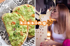 Two images split screen: Left side shows avocado toast atop a newspaper, right side depicts a person kissing a cutout figure