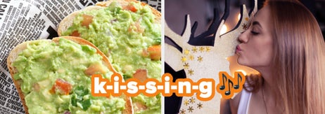 Two images split screen: Left side shows avocado toast atop a newspaper, right side depicts a person kissing a cutout figure