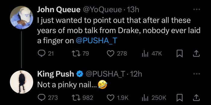 Two Twitter posts discussing rappers with one mentioning no physical harm coming to Pusha T despite disputes
