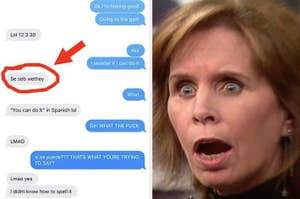 Meme split into two frames, left side shows a text message with a misspelled phrase, right side a woman looks shocked