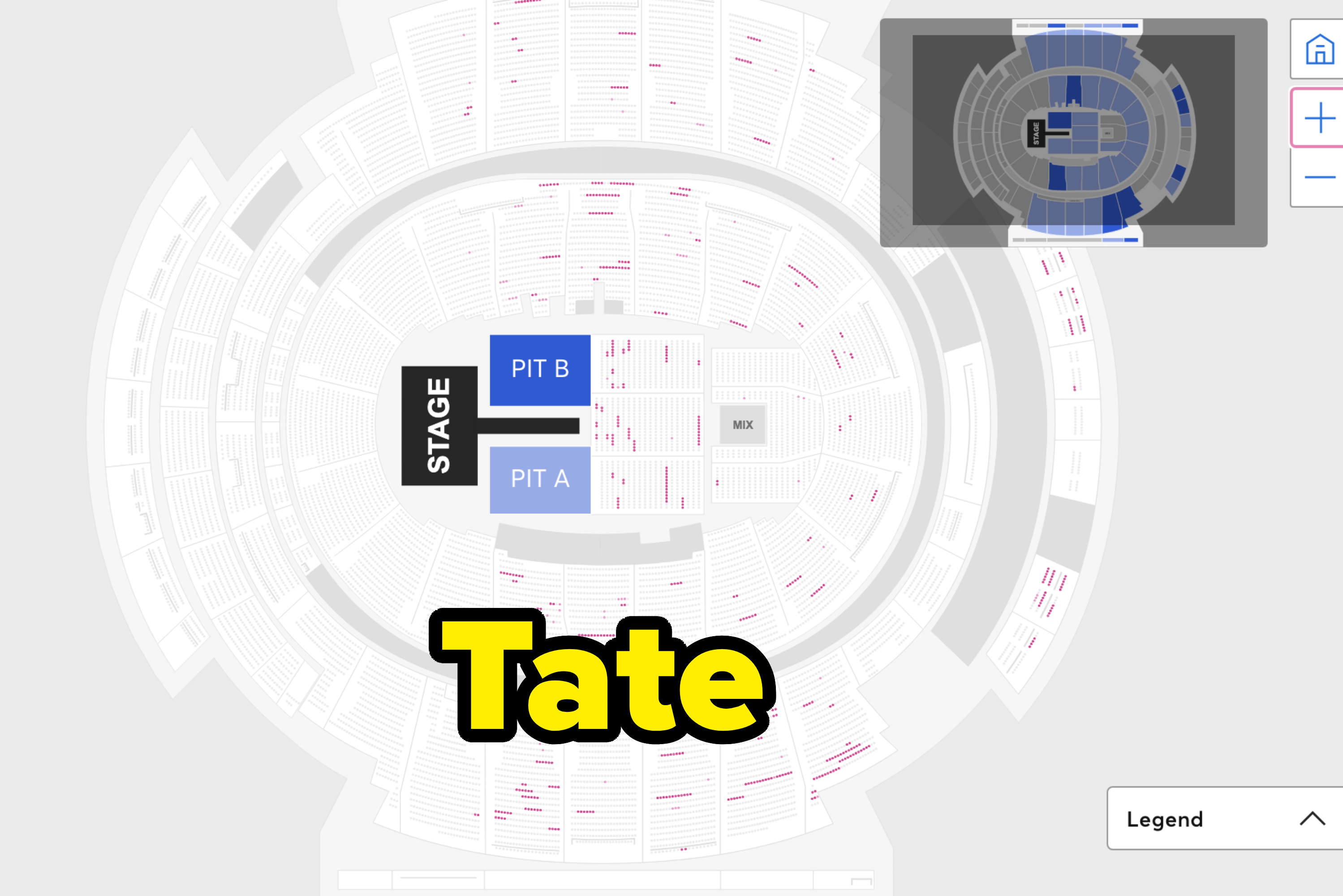 Seating chart for a concert venue with stage placement and various sections labeled
