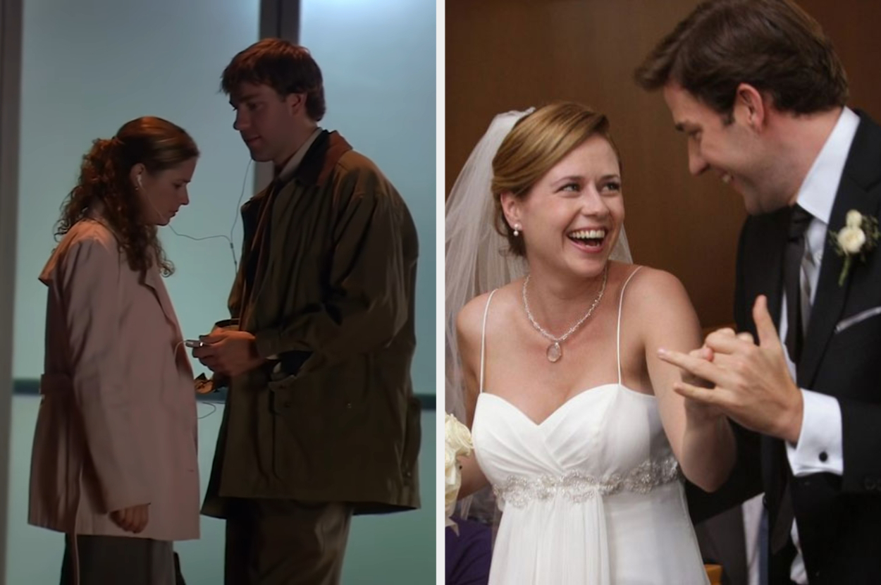 Two scenes from a TV show featuring characters Jim and Pam, one in casual office wear, the other in wedding attire, laughing