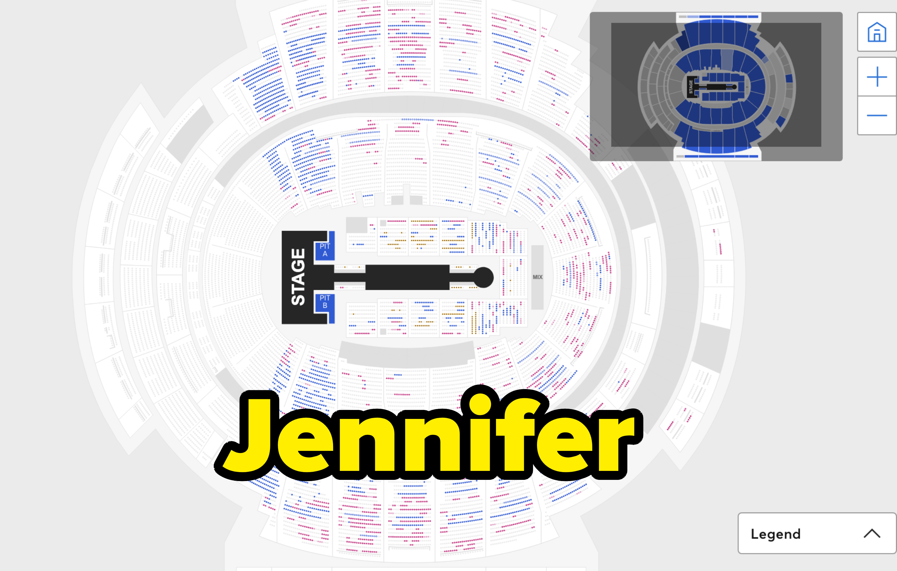Seating chart for an event with stage placement, sections, rows, and seat numbers displayed