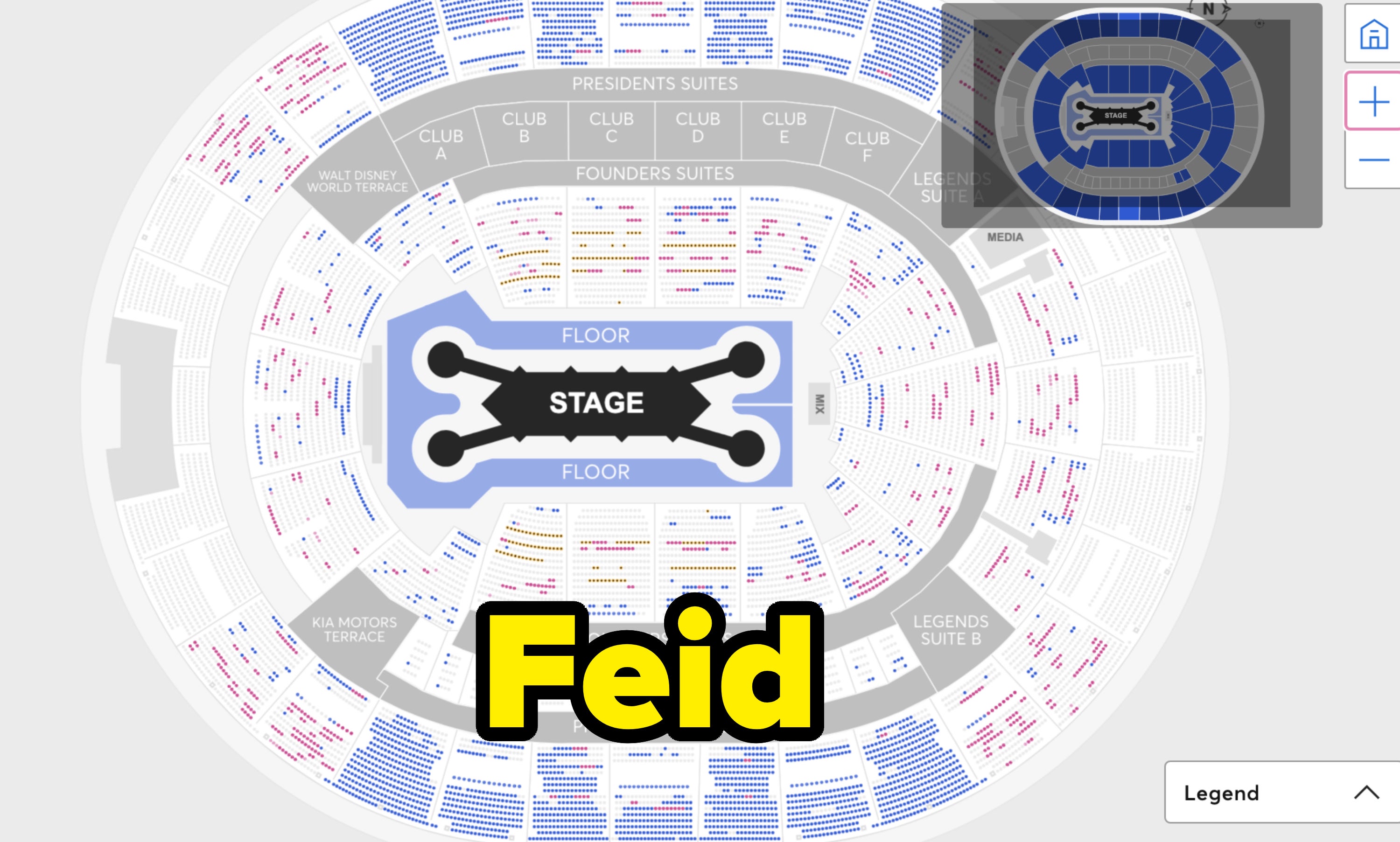 Seating chart with stage at center, surrounded by labeled sections including suites and clubs. Legend icon at bottom right