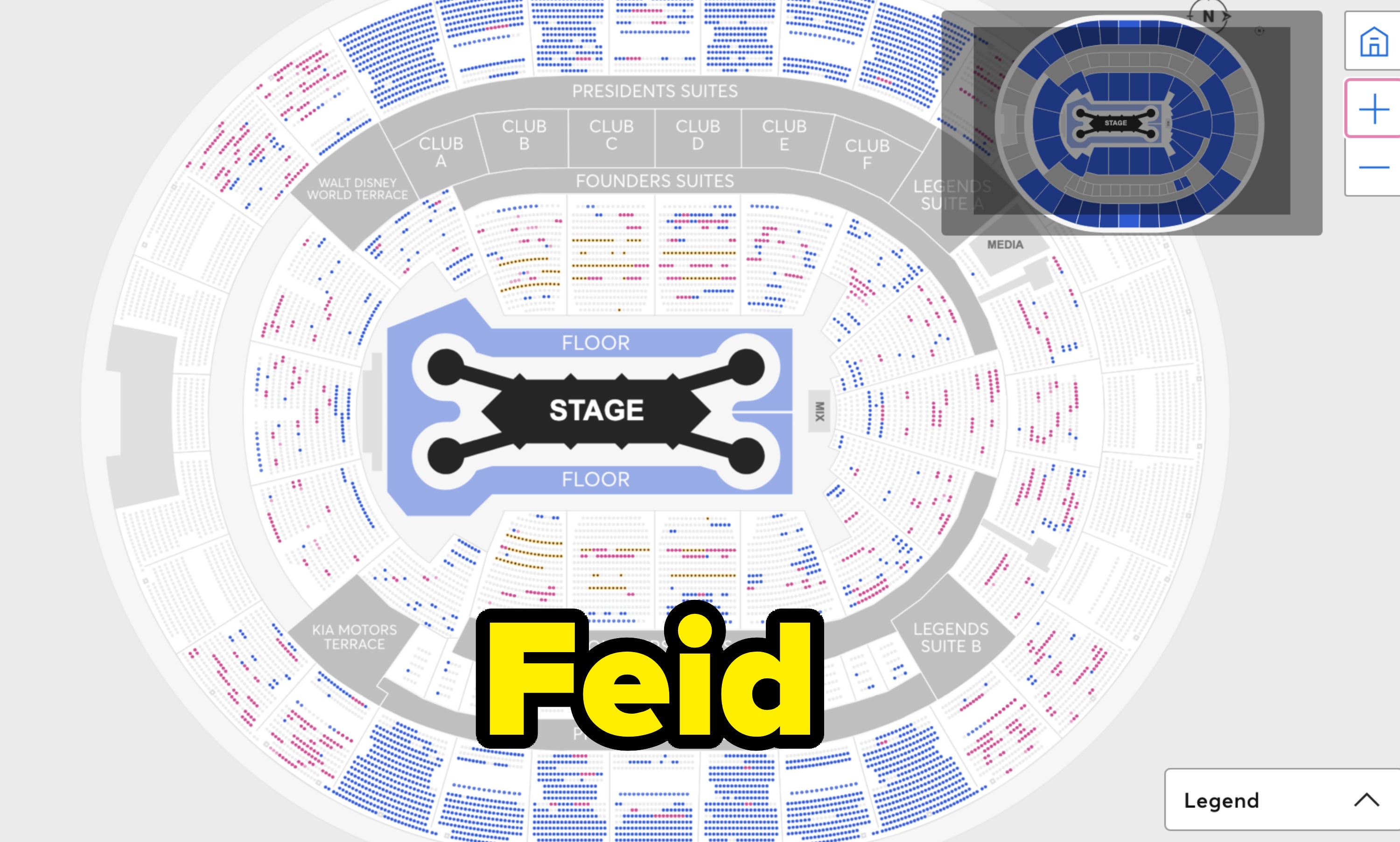 Seating chart with stage at center, surrounded by labeled sections including suites and clubs. Legend icon at bottom right