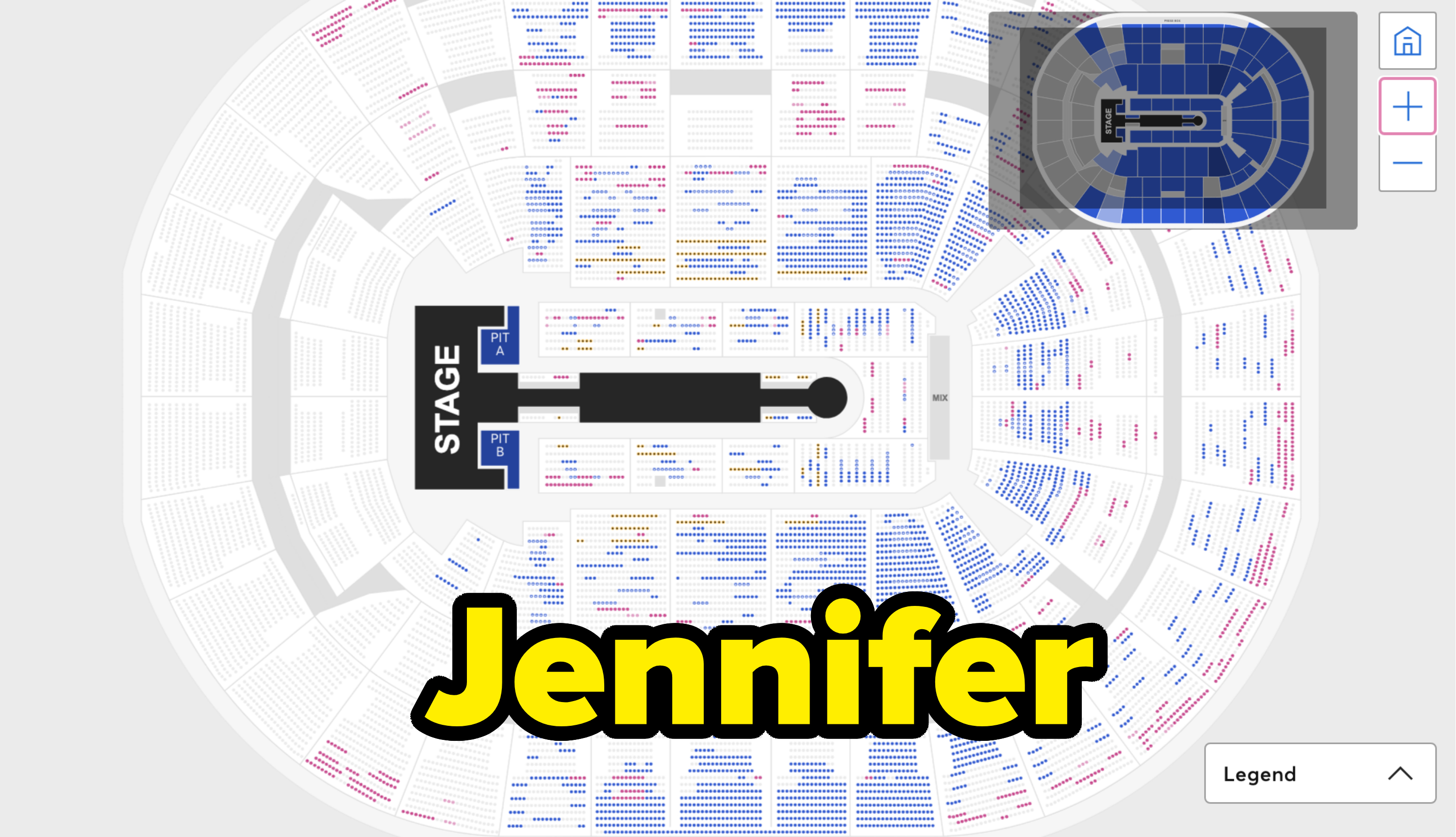 Seating chart for an event showing stage placement and labeled seat sections