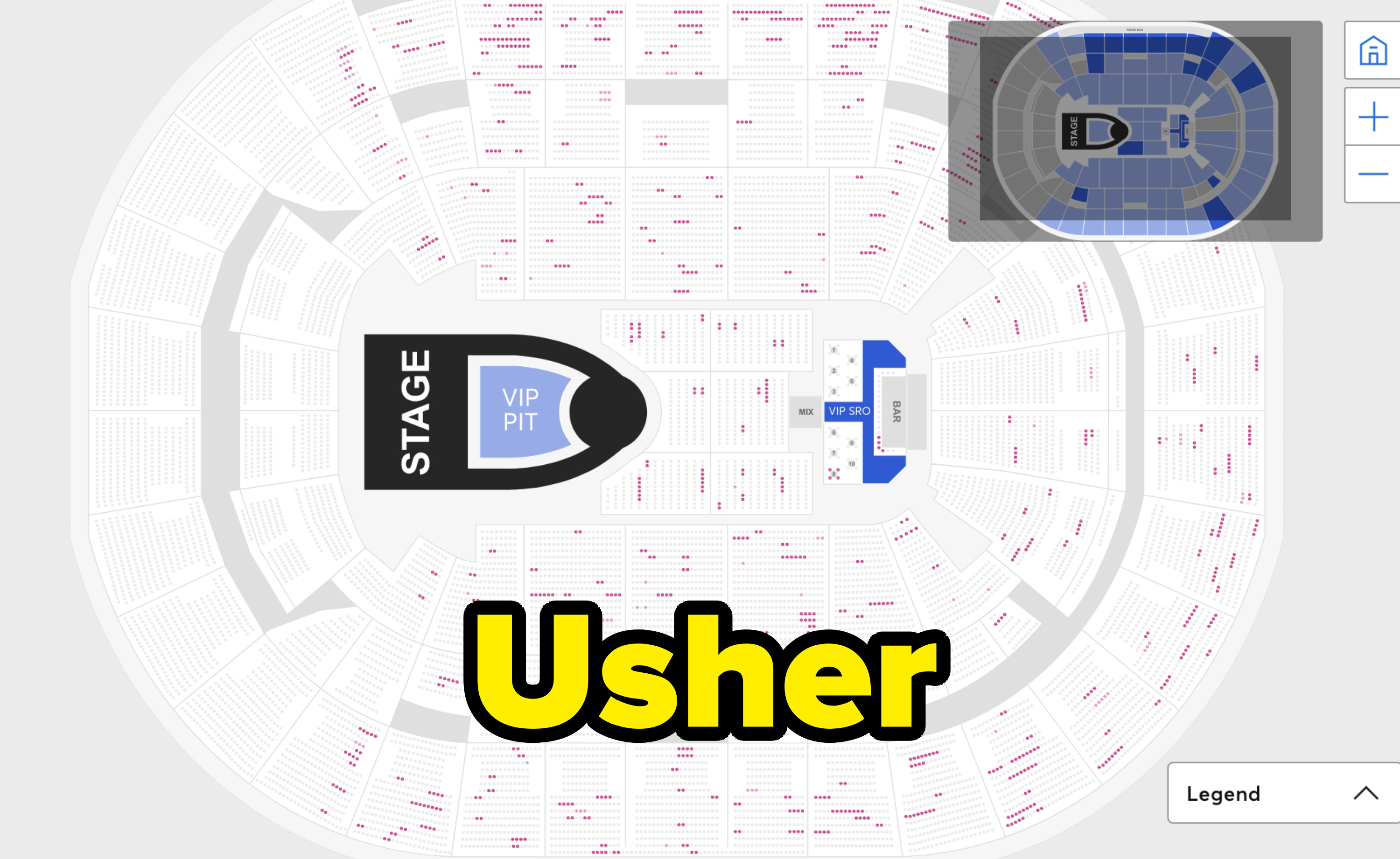Seating chart of a venue showing stage placement, seats labeled by section, VIP area, and entrances
