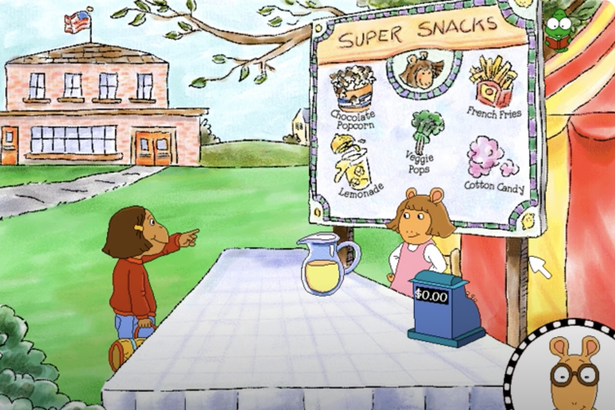 Illustration of a child at a lemonade stand with a sign reading &quot;Super Snacks,&quot; featuring various treats