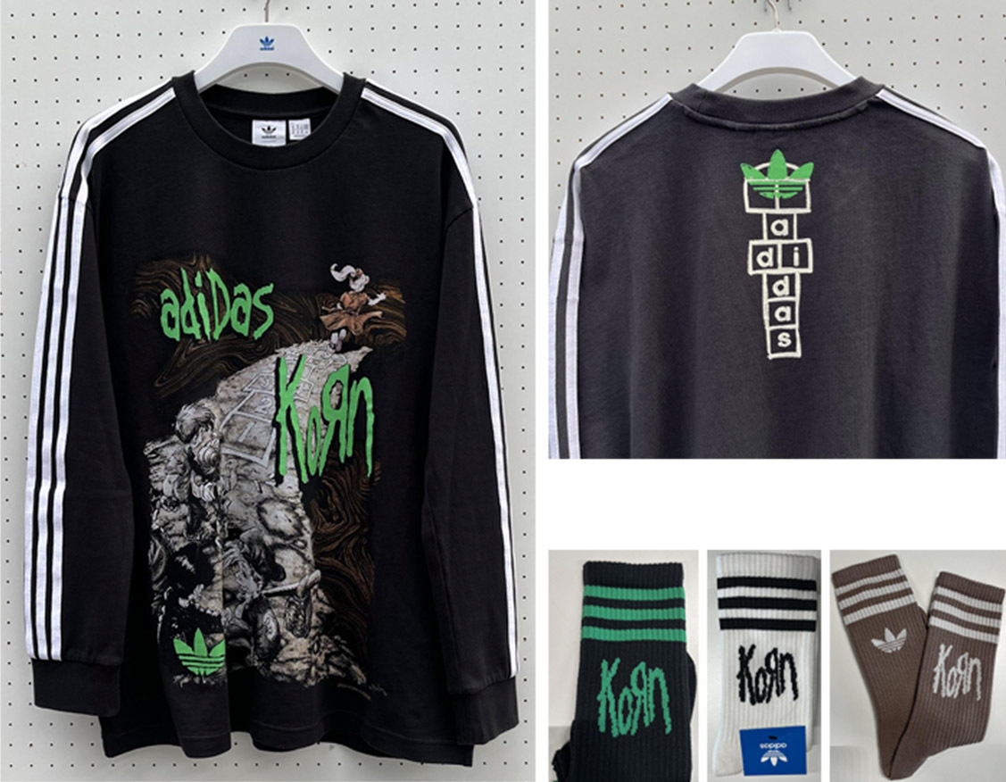 Adidas Korn collaboration apparel displayed, including a shirt with graphic design, and branded socks and sleeve patches