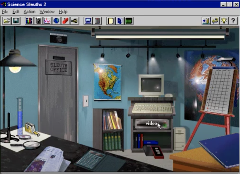 Vintage computer setup with various educational posters and a microscope on a desk, depicting a scene from a point-and-click game