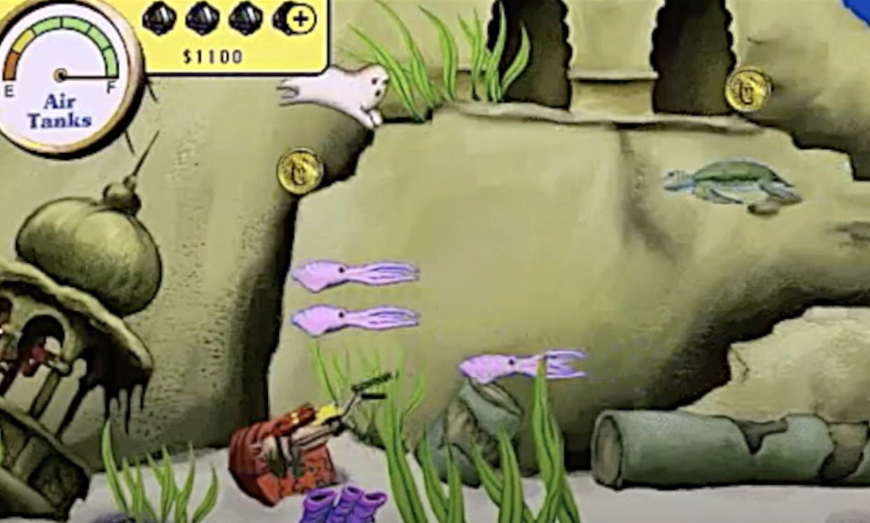 Underwater scene in a video game with air tanks gauge, a sunken boat, treasure, and marine life