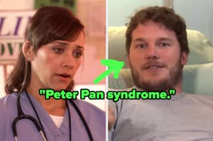 "peter pan syndrome" and an arrow over rashida jones and chris pratt in Parks and Recreation