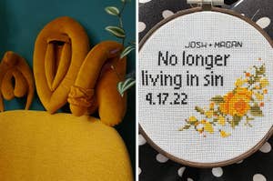 Cross-stitch artwork with text "Josh + Megan No longer living in sin 9.17.22" alongside floral design