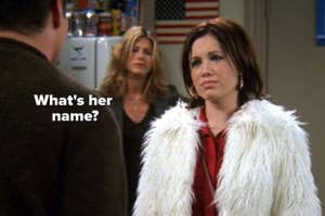 Two characters from Friends, man facing away, woman in white fluffy jacket, questioning text overlay