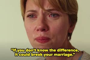 Scarlett Johansson appears emotional in a close-up shot with a quote about marriage