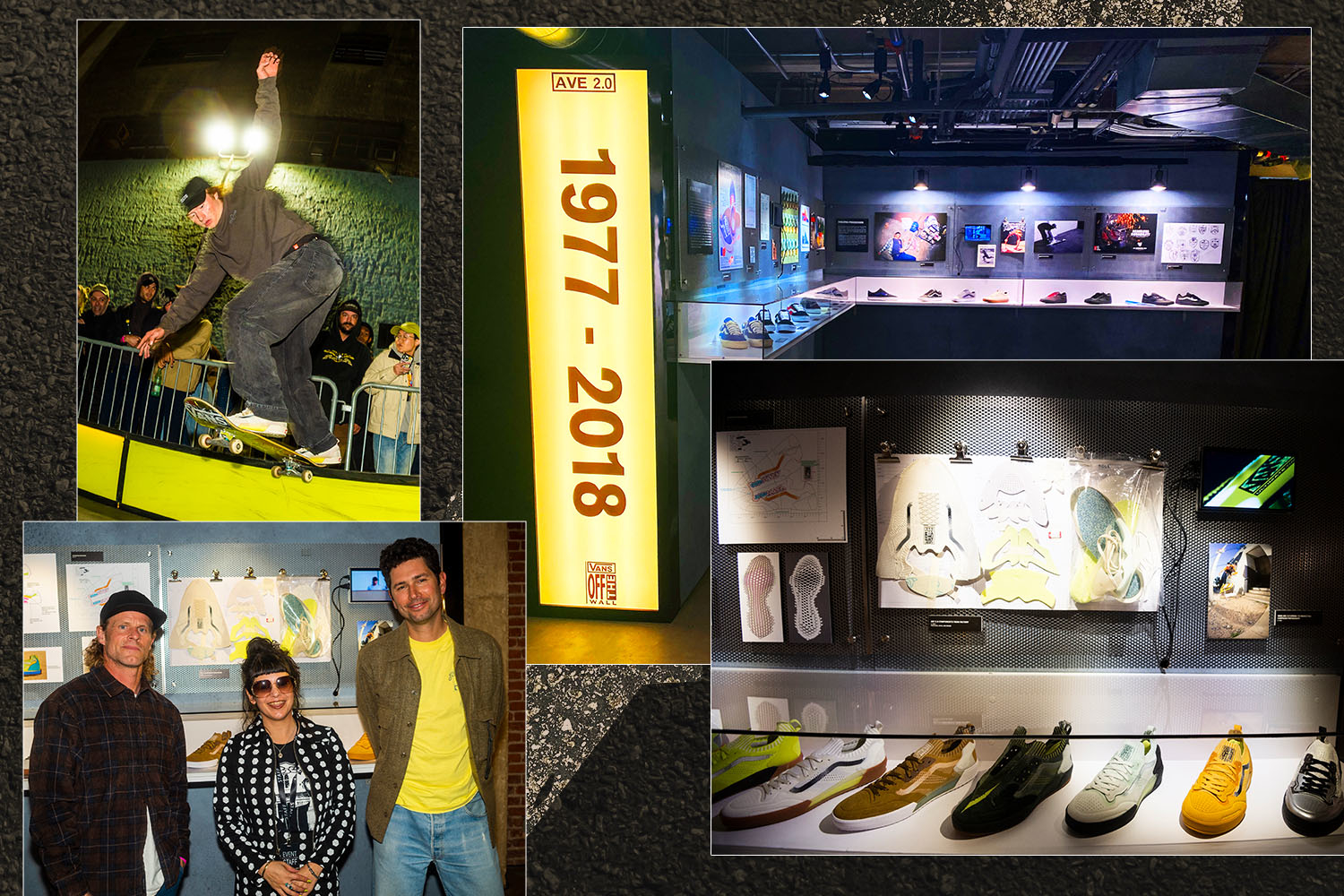 Collage of skateboarding-themed sneaker store with customer trying shoes and displays of various sneaker styles