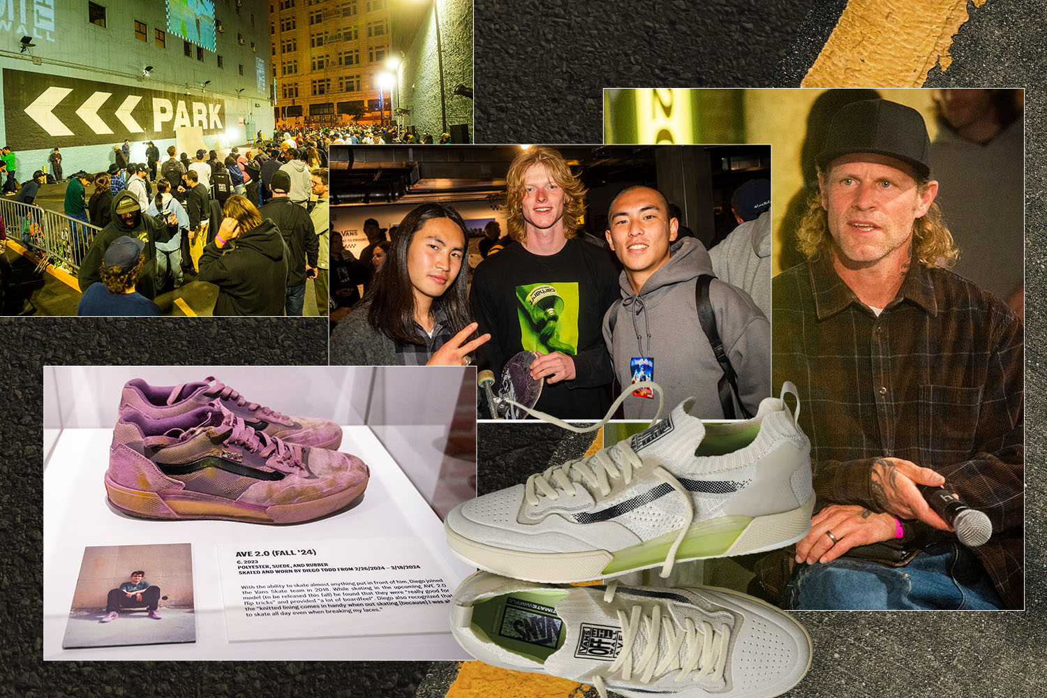 Collage of sneaker exhibit, people examining shoes, and a man in a hat at an event, focusing on sneaker culture