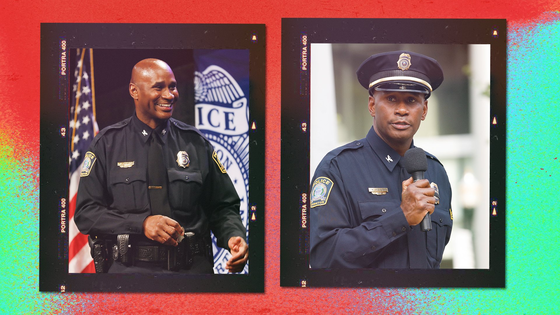 Two images side by side of uniformed police officers with badges visible, one saluting