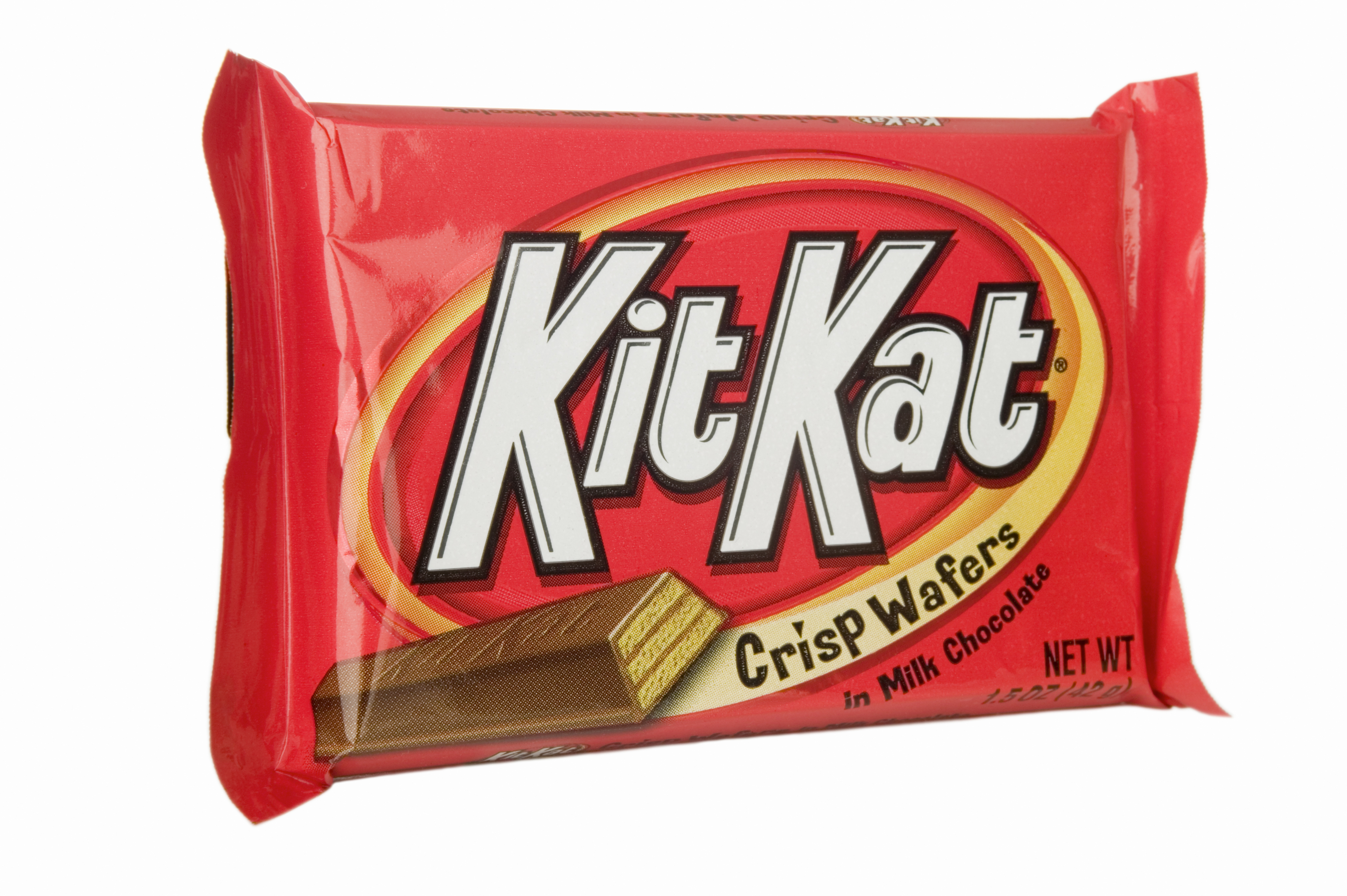 KitKat chocolate bar packaging with logo and a glimpse of the chocolate wafers inside