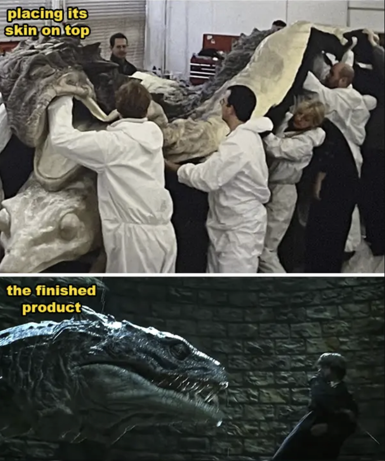 Multiple people assembling a large creature prop above, and the completed prop resembling a monstrous creature below in a film scene