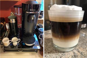 Espresso machine beside cups on a tray; close-up of a layered cappuccino in a clear mug