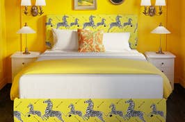 yellow upholstered bed frame with zebra print design