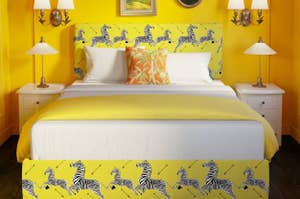yellow upholstered bed frame with zebra print design