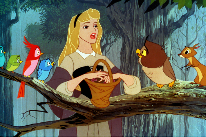 Aurora in a forest with birds, holding a basket, from Disney's Sleeping Beauty