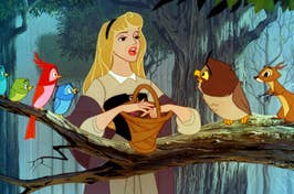 Aurora in a forest with birds, holding a basket, from Disney's Sleeping Beauty