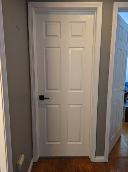 A closed white panel door with a black handle, set inside a home with hardwood flooring