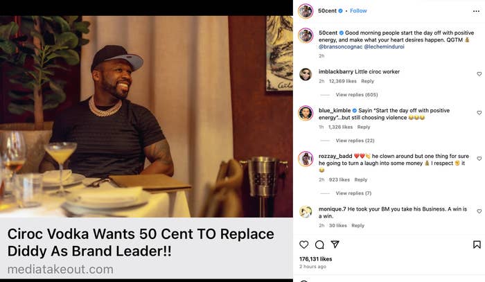 50 Cent wearing a cap and chains, sits at a table smiling, with a text overlay about his vodka brand
