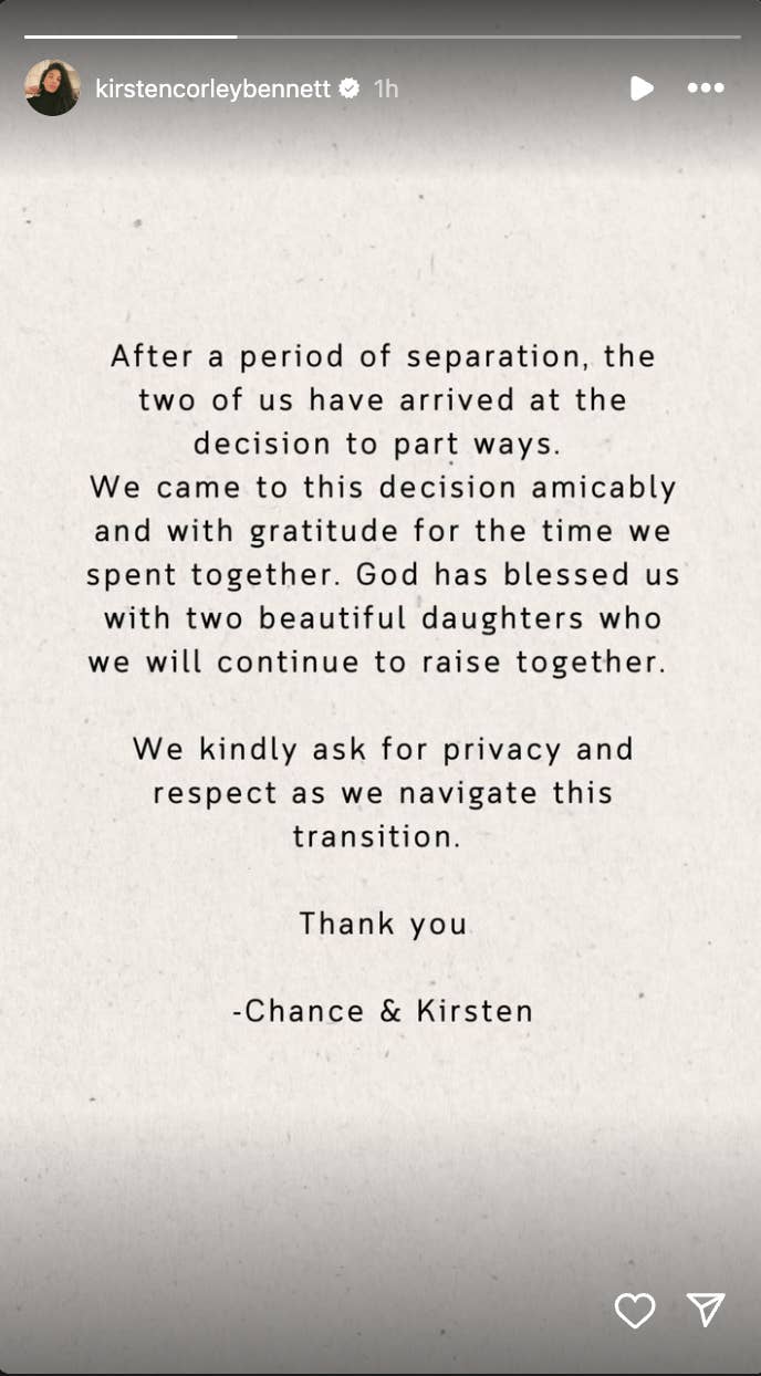 Instagram post by Kirsten Corley Bennett announcing an amicable separation with gratitude for shared time and respect for privacy during the transition