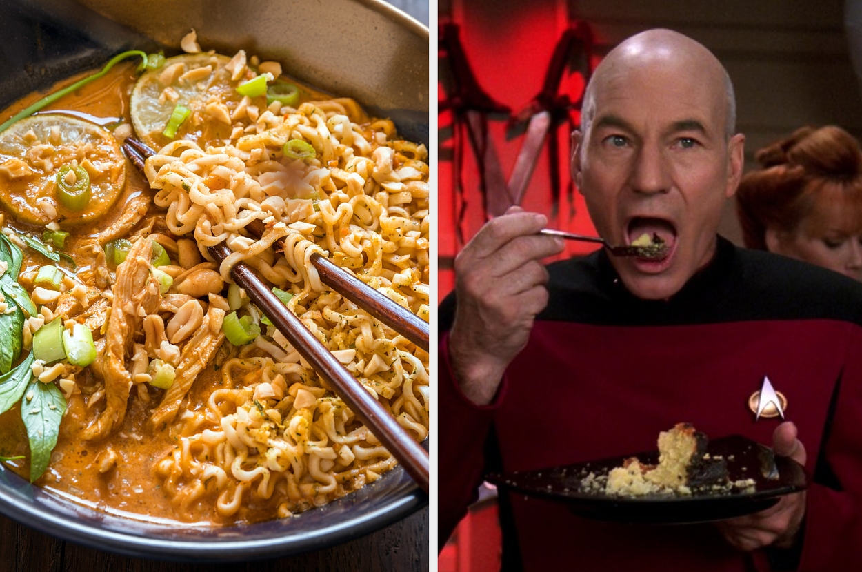 Captain Jean-Luc Picard in uniform eating with a fork, and a bowl of ramen with vegetables and chopsticks