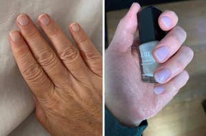 Hand before and after applying a nail concealer product, shown with the product bottle