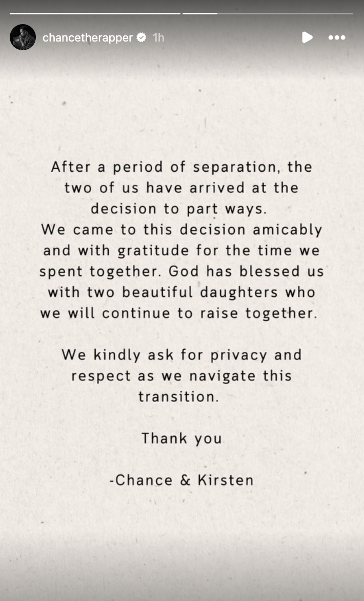 Chance the Rapper announces amicable separation, requests privacy during this transition, signed by Chance and Kirsten