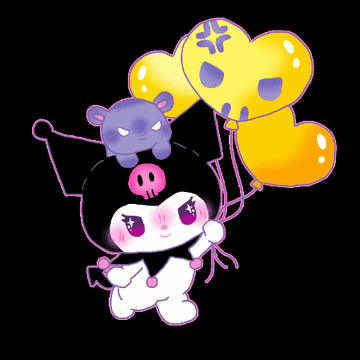 Personaje animado estilo kawaii con orejas de gato, sosteniendo globos, acompañado de un pequeño personaje morado arriba