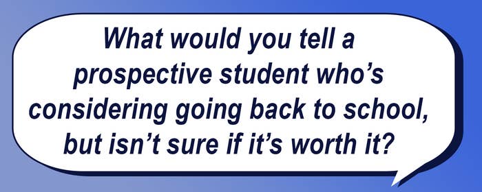 Speech bubble with text about considering returning to school