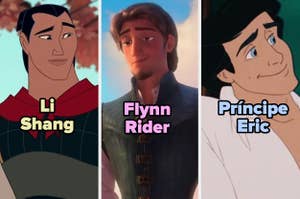 Personajes de Disney: Li Shang, Flynn Rider y Príncipe Eric, posando sonrientes