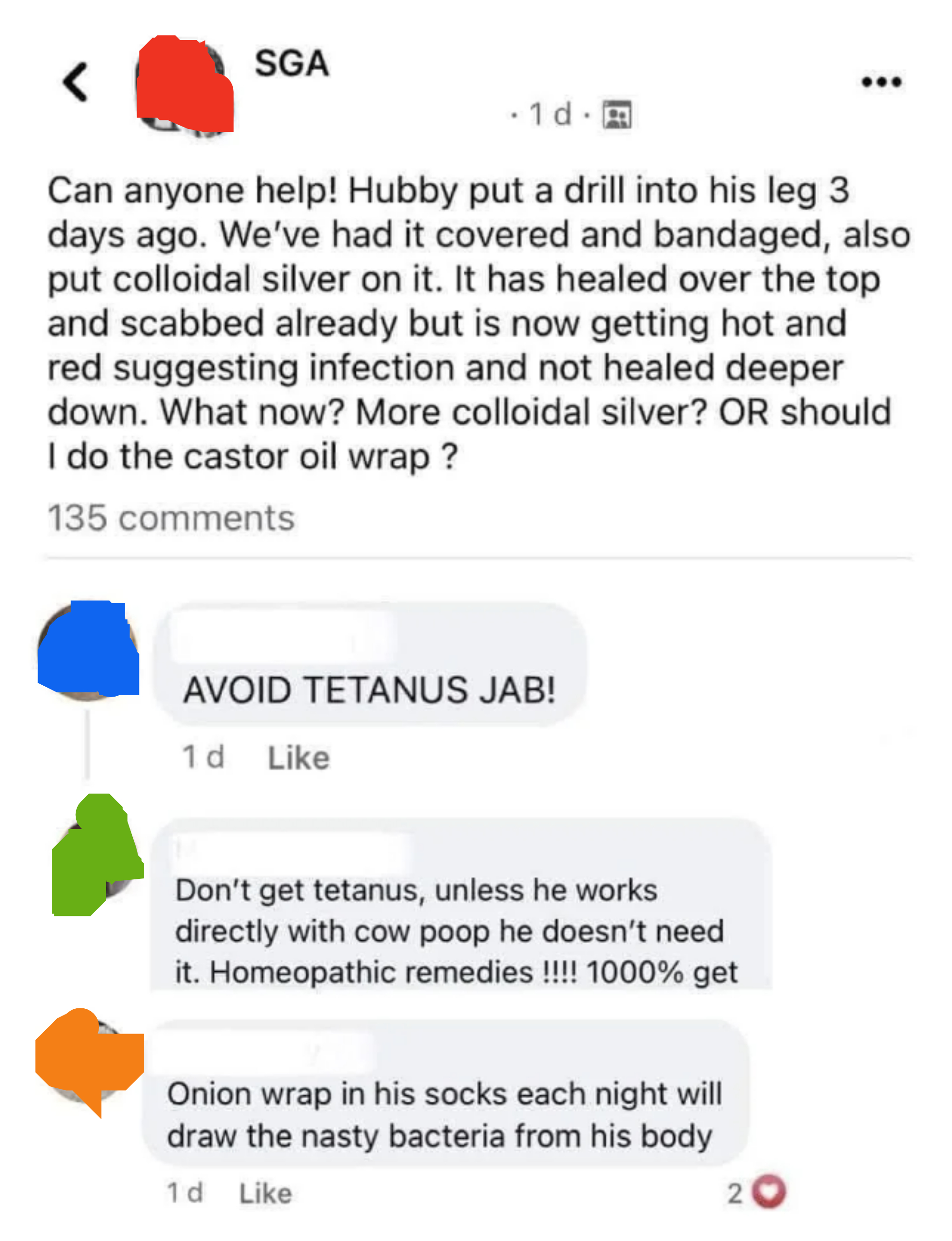 Screenshot of a social media conversation where individuals discuss remedies for a husband&#x27;s leg injury, with suggestions for alternative medicine
