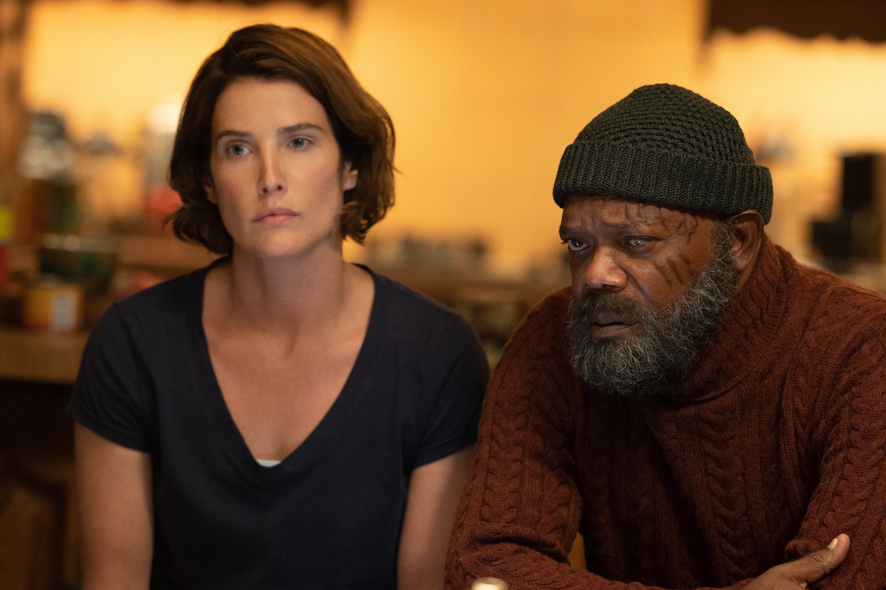 Maria Hill and Nick Fury sitting together, looking sad