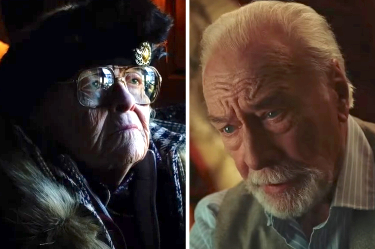 Split-screen of two characters played by the same actor: one in a fur hat with medals, the other in a casual sweater