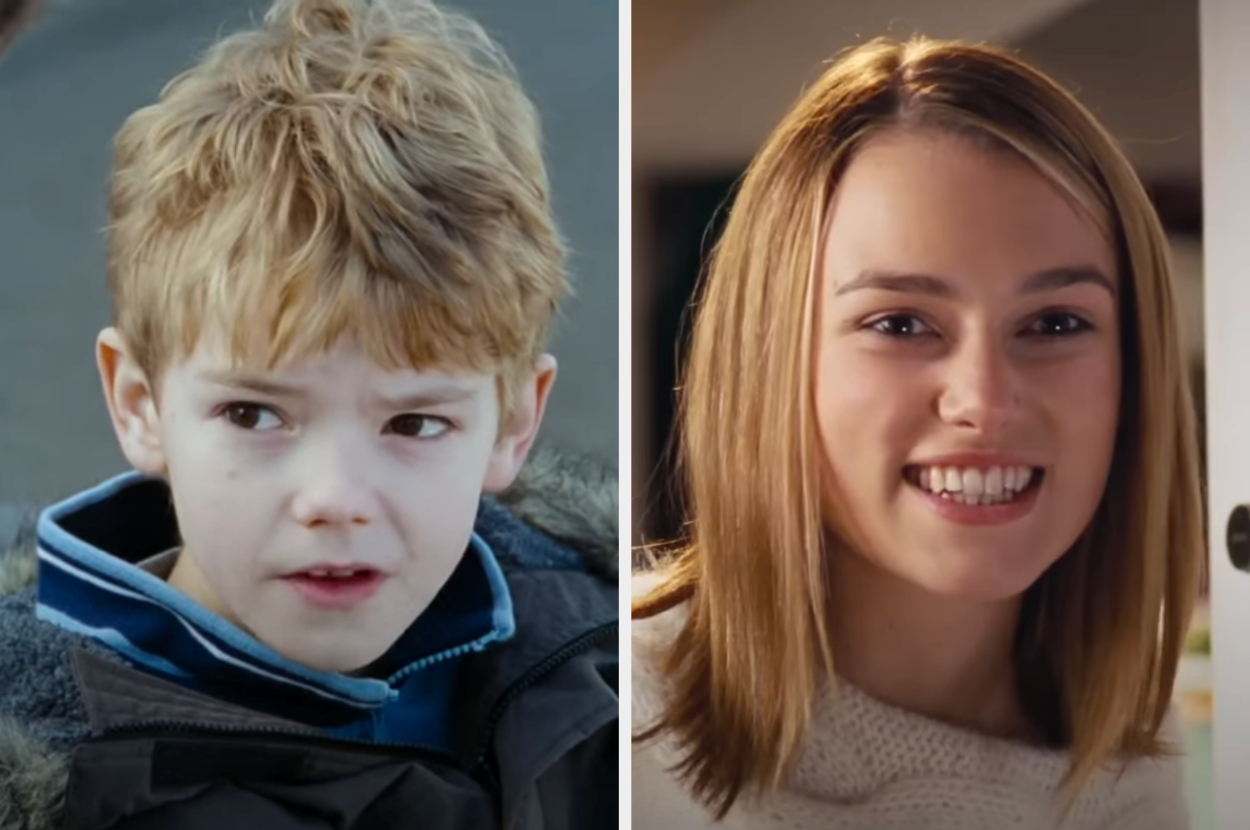 Collage of two children from &quot;Love Actually&quot; - young boy in jacket and young girl smiling