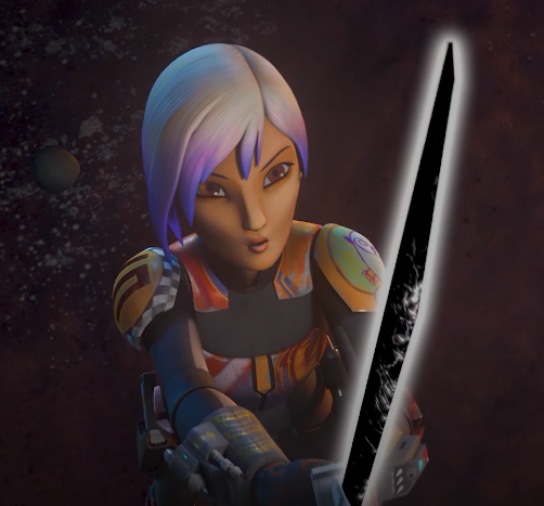 Animated character resembling a futuristic warrior holding a sword, ready for battle