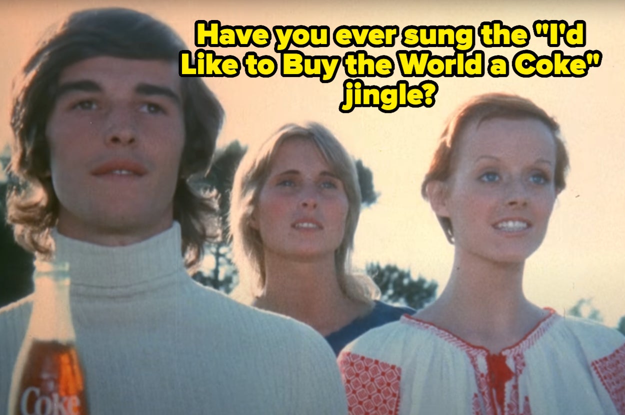 Group of three performers from the "I'd Like to Buy the World a Coke" commercial singing the jingle