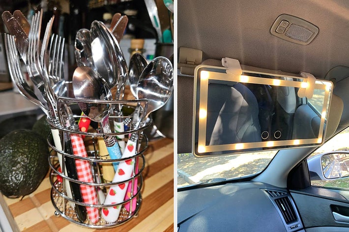 A cutlery holder with utensils on a kitchen counter; a car-mounted screen for rear passengers