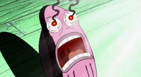 Personaje de Bob Esponja con expresión de pánico y ojos saltones