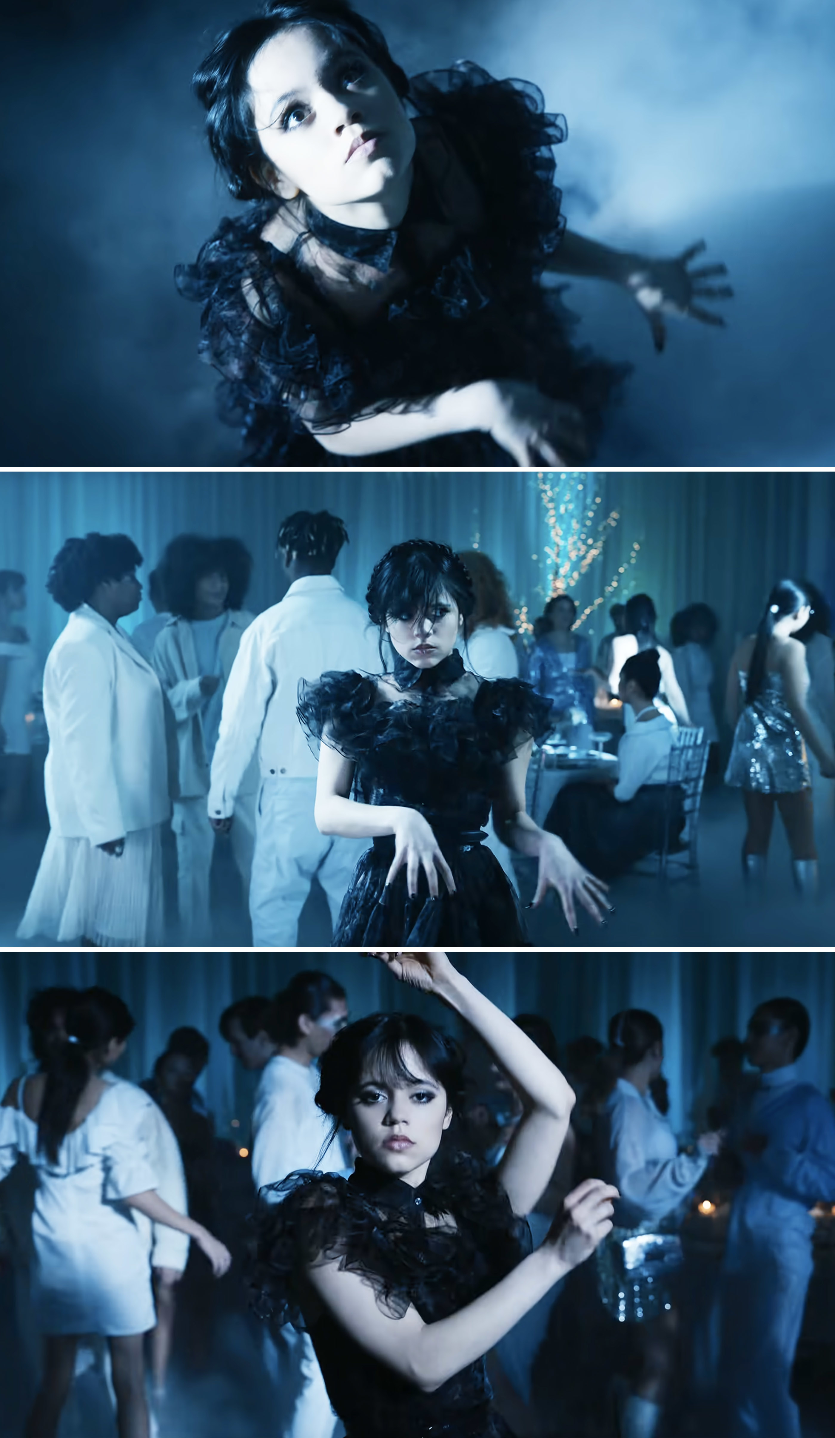 Wednesday in black ruffled outfit dancing amidst a party scene in a smoky blue-lit room
